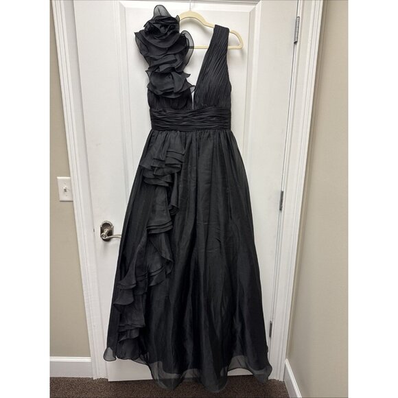Mac Duggal Size 8 Black 48856 RUFFLE SHOULDER V-NECK CHIFFON GOWN Prom Dress New - Picture 4 of 10